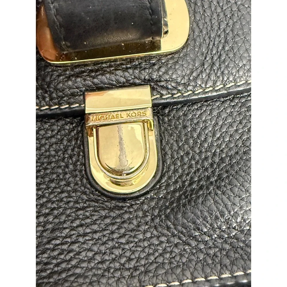 Michael Kors Black Pebbled Leather Crossbody Bag Gold Hardware White Stitching